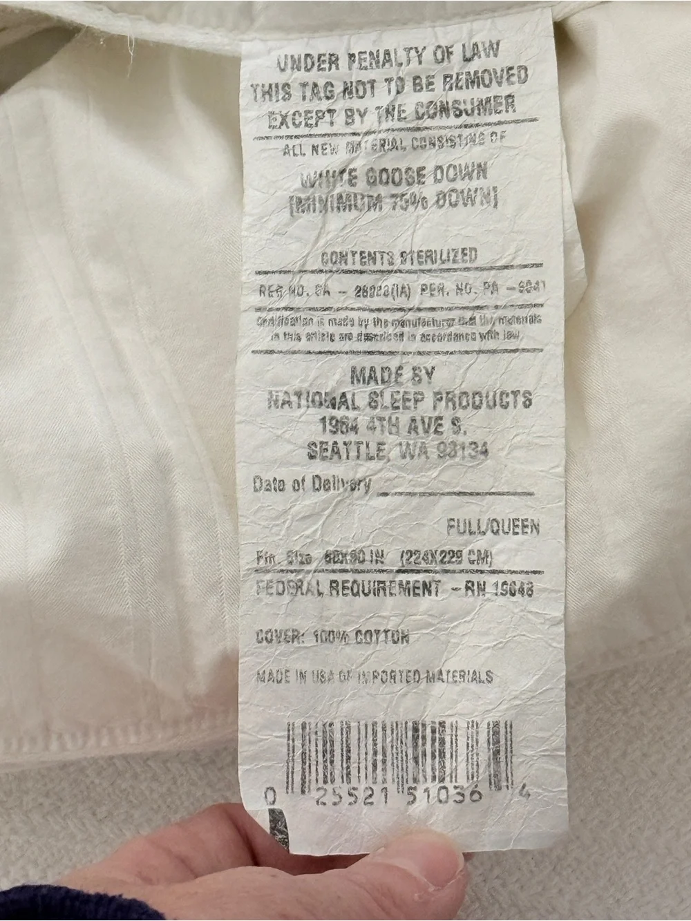 National Sleep Products Down Filled Cotton Duvet Insert Comforter Queen White